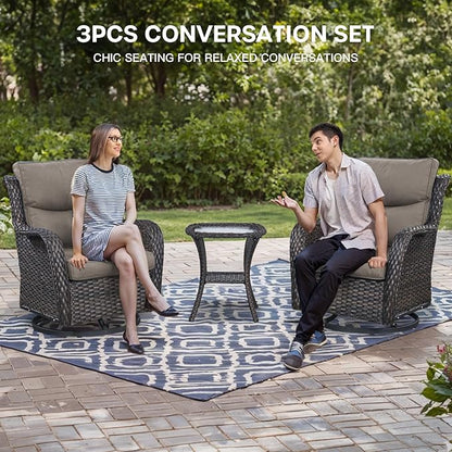 Patio Swivel Chairs with Smile-Shaped Cushions, 3 Piece High Back Patio Swivel Glider Chairs with Side Table 3PCS PE Rattan Luxury Swivel Patio Chairs Set Brown Wicker | Grey Cushions