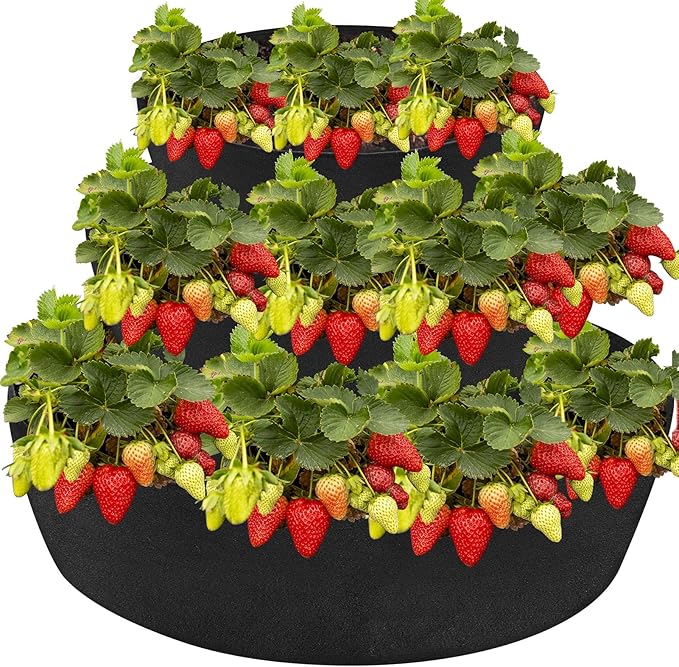 Wenfan 3 Tiered Strawberry Planter Non-Woven Fabric Raised Garden Bed Stackable Strawberry Planter Bag Felt Raised Container for Growing Vegetables Herb Plant, 8 Inch Deep, Round