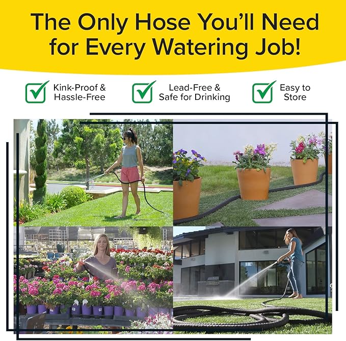 Pocket Hose Silver Bullet 100 ft Turbo Shot Nozzle Multiple Spray Patterns Expandable Garden Hose 3/4 in Solid Aluminum Fittings Lead-Free Lightweight and No-Kink, Black