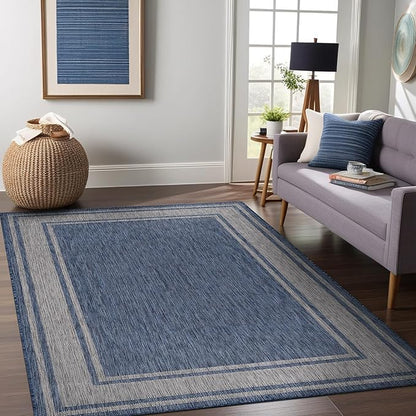Beverly Rug Outdoor Rug 8x10 Modern Bordered Area Rugs for Indoor and Outdoor Patio Deck Porch Garden Waterproof Weather Sun Resistant Washable Outside Carpet (8 x 10 Navy)