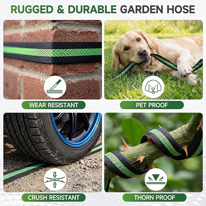 Garden Hose 50 ft Flexible Water Hoses Non-Expanding Lightweight Portable No Kink High Pressure Flat Fabric 3/4” fittings Leak-proof Durable Pipe for Outdoor Outside Yard Lawn Patio Watering Car Wash
