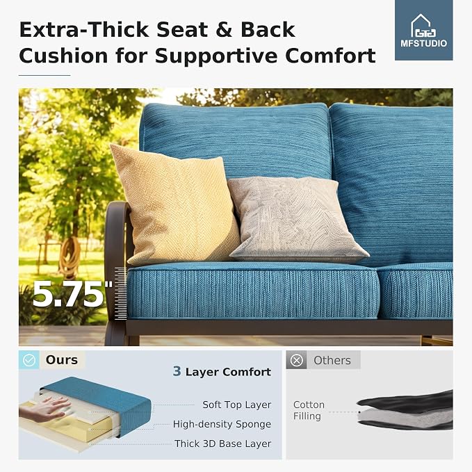 MFSTUDIO 5 Pieces Patio Conversation Sets, 7 Seats Metal Patio Furniture Sets with 1 x 3-Seat Sofa, 2 x Sofa Chairs, 2 x Ottoman, All Weather Patio Sets with 5.75inch Peacock Blue Cushion for Garden