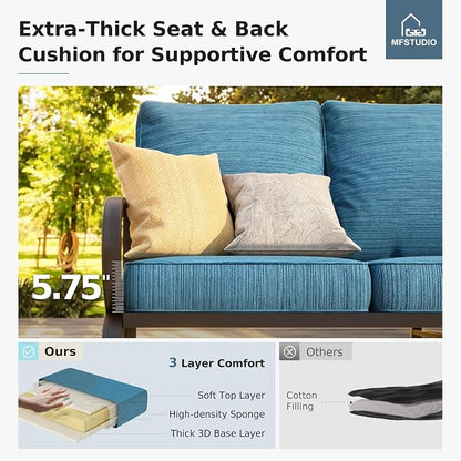 MFSTUDIO 6 Pieces Metal Patio Furniture Sets, 2 Swivel Chairs, 3-Seat Loveseat Sofa, 2 Patio Chairs & 1 Marbling Coffee Table, All Weather 7 Seats Outdoor Conversation Set for Garden, Peacock Blue