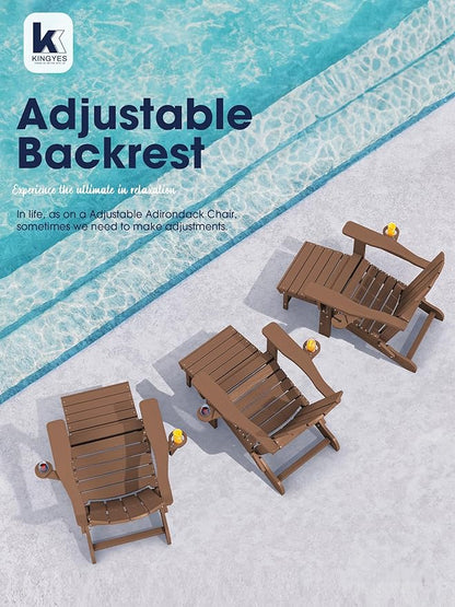 KINGYES Folding Adjustable Adirondack Chair with Ottoman & 2 Cup Holders Set of 2, HDEP Multifunctional Adirondack Chair with Footrest, Brown