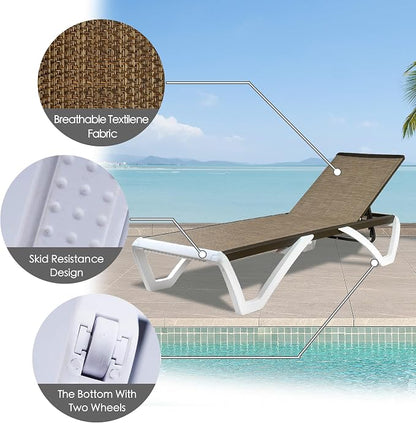 Kozyard Outdoor Chaise Lounge Chair, Fully Flat Adjustable Patio Lounger with Aluminum Frame & Resin Legs, Textilene Fabric for Poolside, Backyard & Beach (Beige)
