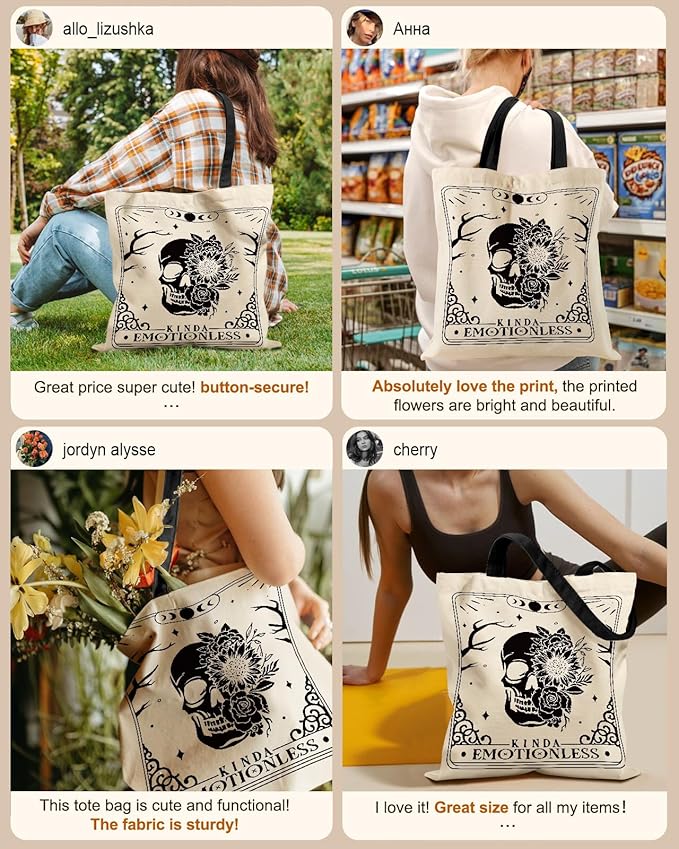 Miss Adola Canvas Tote Bag for Women – Aesthetic Canvas Bag with Zipper Cute Stylish Reusable Shoulder Totes for Shopping Work Daily Vacation, Skull Flower