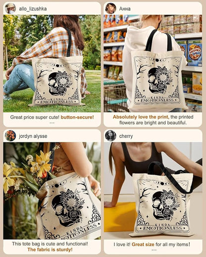 Miss Adola Canvas Tote Bag for Women – Aesthetic Canvas Bag with Zipper Cute Stylish Reusable Shoulder Totes for Shopping Work Daily Vacation, Skull Flower