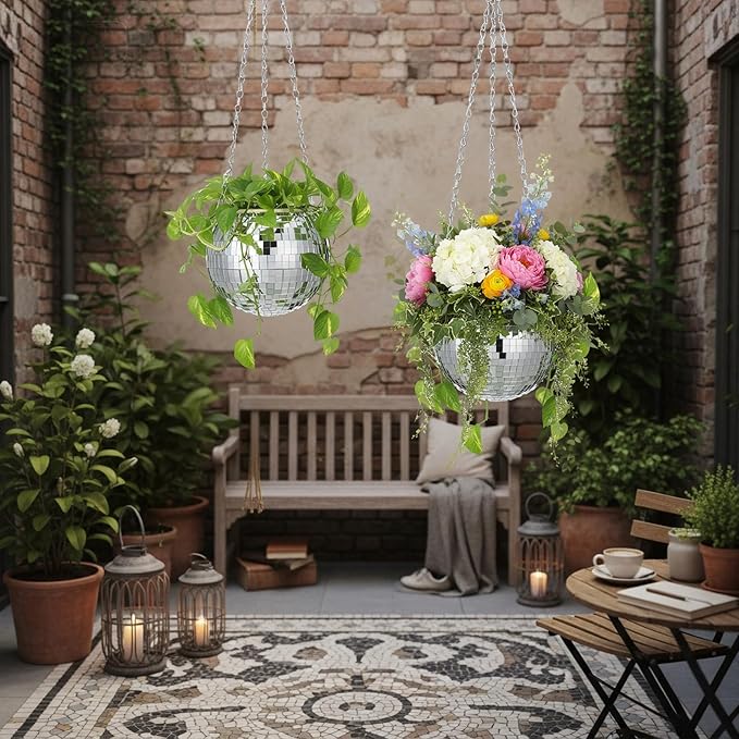 Novabright 2 Pcs 6" Self Watering Disco Ball Planters, Mirror Disco Ball Hanging Planter Flower Pots with Chain and Rope, Self Watering Insert, Wooden Hook for Stand for Desk and Extra Mirror Pieces