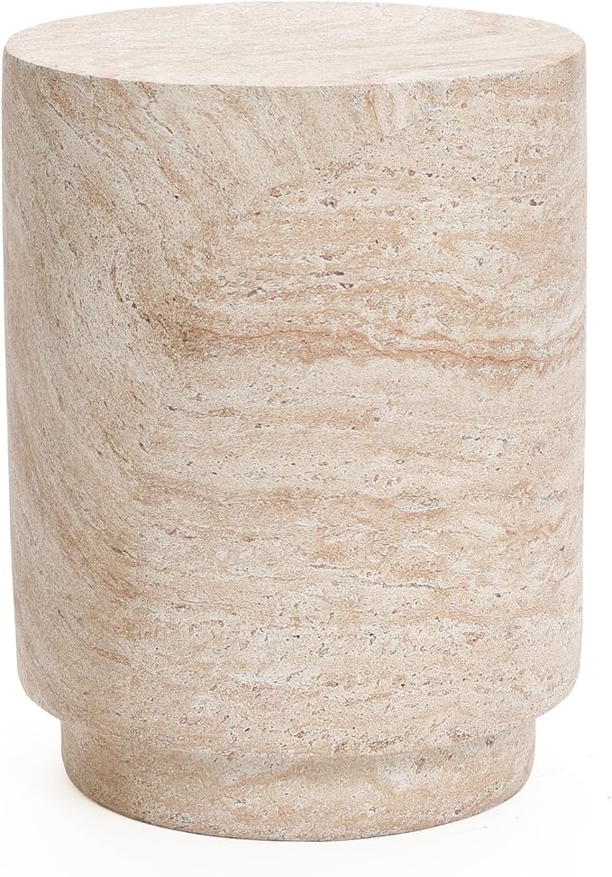 LuxenHome Outdoor Side Table, 18'' Travertine-Style Round Textured Cement Accent End Table, Outdoor Furniture for Patio Balcony Porch, Garden Stool for Backyard Lawn