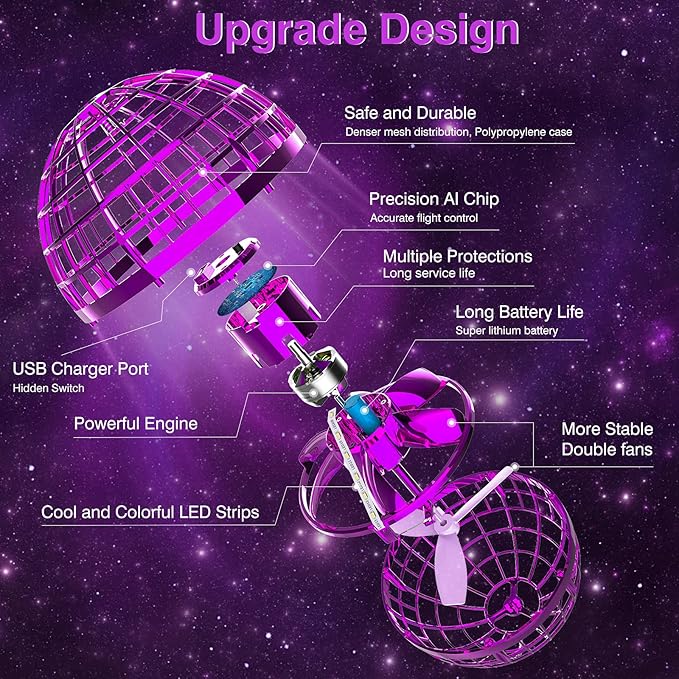 Ciniffo Flying Orb Ball Toy 2025 – Light Up Hand Controlled Boomerang Spinner Mini Drone Toy, Hover Cosmic Globe Ball, Cool Christmas & Birthday Gift for Girls Boys Teens Ages 6+ (Purple)