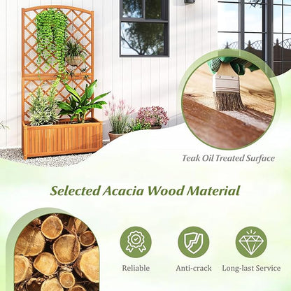 Giantex Solid Acacia Wood Planter Box with Trellis, 63" Set of 2 Raised Garden Bed with Trellis, Plant Box, Slat Base, Outdoor Privacy Planter for Vine Climbing Plants Flowers, Garden, Patio, Balcony