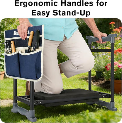 Garden Kneeler and Seat with Umbrella, 2-in-1 Foldable Gardening Stool with Adjustable Bracket, Detachable Tool Bags, Heavy Duty Kneeling Pad for Gardening (Beige Blue)