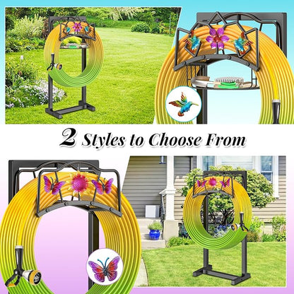 Garden Hose Holder, Heavy Duty Metal Water Hose Holder with Storage Basket, Freestanding Hose Stand Hanger, Sturdy Hoses Storage Rack 150-feet for Outside Yard Lawn