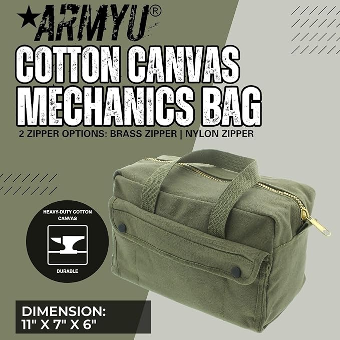ARMYU Heavy Duty Small Tool Bag Tactical Cotton Canvas Mechanics Bag, 11" x 7" x 6", Olive - Brass Zipper
