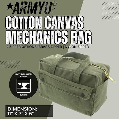 ARMYU Heavy Duty Small Tool Bag Tactical Cotton Canvas Mechanics Bag, 11" x 7" x 6", Olive - Brass Zipper