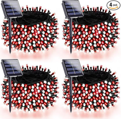 4 Pack 180FT Solar Christmas Lights Outdoor Waterproof, Super Bright 320 LED Solar String Lights with 8 Lighting Modes, Green Wire Solar Twinkle Tree Lights for Outside Xmas Party(Red and White)
