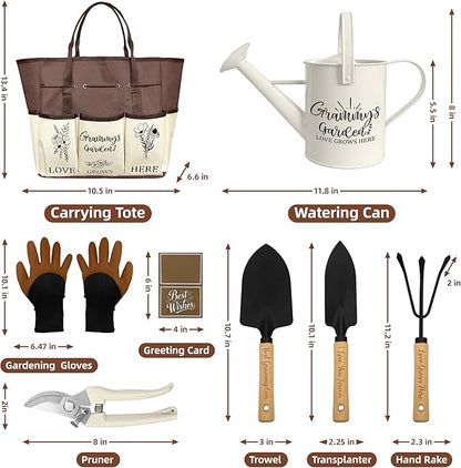 Grammy Gifts, Garden Kit Gifts for Grammy Mothers Day from Grandkids Gardening Tools and Durable Garden Tools Organizer Tote, Ideal Gardening Set for Women on Plant Lover Birthday Present Brown