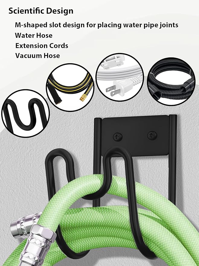 Metal Garden Hose Holder, Wall Mounted Water Hose Hanger, Solid Hose Hook for Garden Garage Water Hose/ Extension Cords/ Vacuum Lines (Black)
