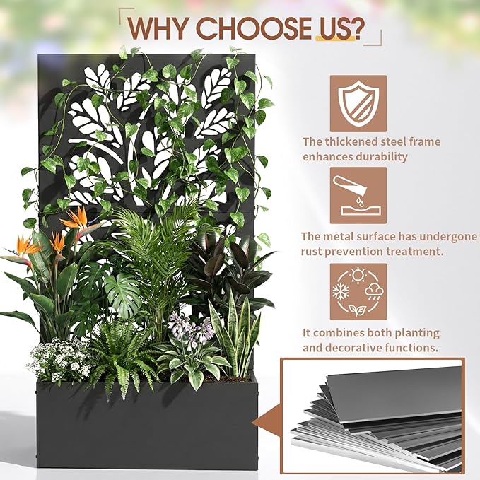 VINGLI Metal Raised Garden Bed with Trellis, Outdoor Planter Box for Climbing Vegetables, Fruits and Flowers, Privacy Screen, for Backyard, Patio, Balcony (Tropical)