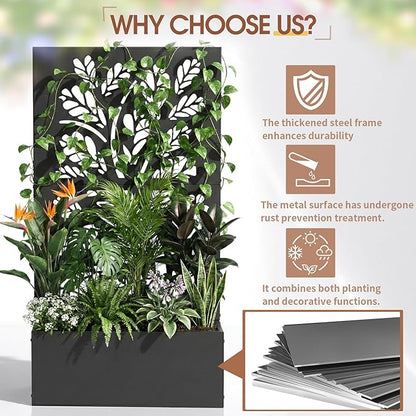 VINGLI Metal Raised Garden Bed with Trellis, Outdoor Planter Box for Climbing Vegetables, Fruits and Flowers, Privacy Screen, for Backyard, Patio, Balcony (Tropical)