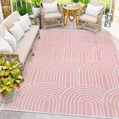 Anidaroel Rainbow Patio Rugs Outdoor 8’X10’ Waterproof, Reversible Camping Rug for Outside RV, Portable Plastic Straw Outdoor Area Rug for Backyard, Garden, Pool Deck (Pink, 8‘X10')