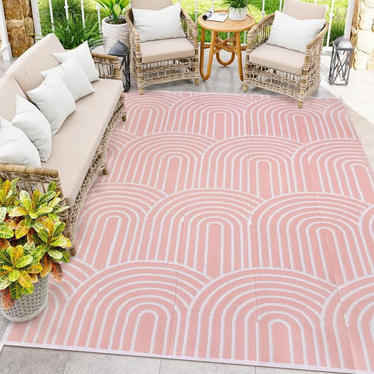 Anidaroel Rainbow Patio Rugs Outdoor 8’X10’ Waterproof, Reversible Camping Rug for Outside RV, Portable Plastic Straw Outdoor Area Rug for Backyard, Garden, Pool Deck (Pink, 8‘X10')