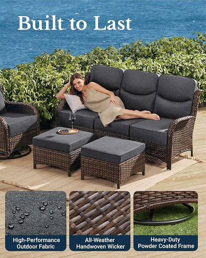 HILLGA Luxury Patio Furniture Set with 6-Inch Thick Cushions, High Back Outdoor Swivel Rocker Chairs and Patio Couch, 13-Piece All Weather Conversation Set for Porch Deck Pool Yard, Dark Grey (V3)