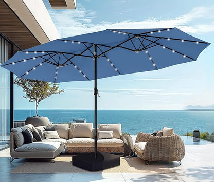 PHI VILLA 15ft Large Patio Umbrella with Solar Lights, Double-Sided Outdoor Market Rectangle Umbrellas with 36 LED Lights, Umbrella Base (Stand) Included, Haze Blue