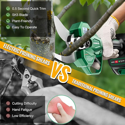 Electric Pruning Shears, 2.1" (54mm) Cutting Diameter Cordless Electric Scissors with LCD Display, 21V Brushless Motor Branch Cutter with 2 PCS Rechargeable 2000mAh Batteries & 2 Blades (Green)