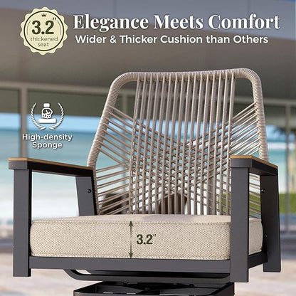 3 Piece Outdoor Bar Set, Height Rattan Bar Stools with Wood Grain Top Coffee Table, Wicker High Top Outdoor Table and Chairs with Cushion, Patio Barstool Set for Porch, Pool and Deck, Beige