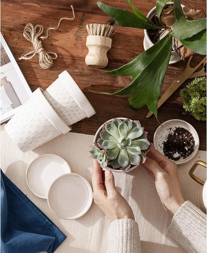 Ceramic Succulent Pots with Drainage Hole & Saucer, 4 Inch Small Plant Pots, Ceramic Planter for Indoor Plants, Embossed Flower Pots, Home Decor, Set of 4, Off-White