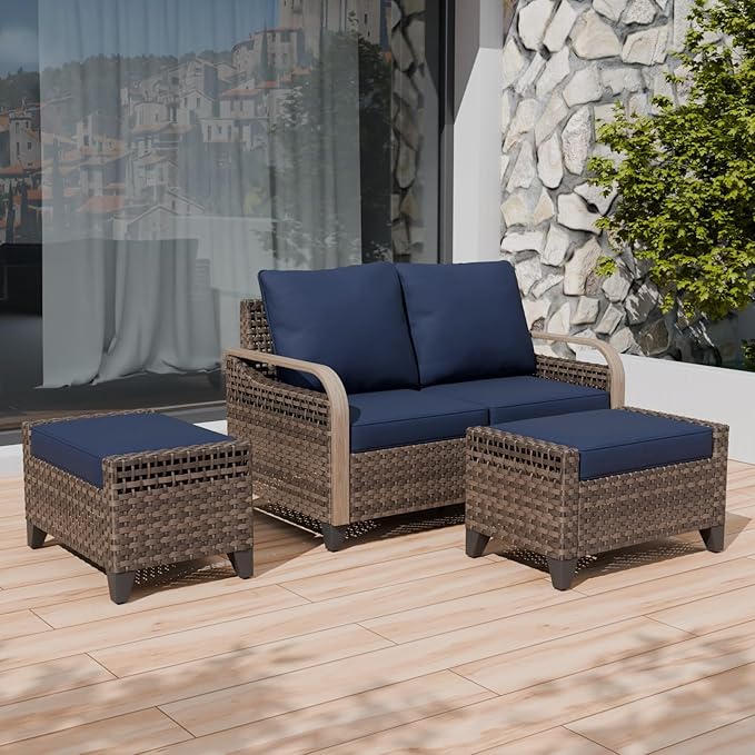 COOS BAY Modern Wicker Outdoor Furniture Set, Patio Conversation Set with 2 Seat Loveseat, and Ottomans, 3 Piece, Brown/Blue