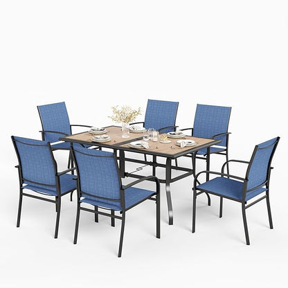 HERA'S HOUSE Patio Table and Chairs Set, 60" Rectangular Outdoor PVC Table with Umbrella Hole, 7 Pieces Outdoor Dining Furniture Sets with 6 Patio Chairs for Backyard Lawn Garden Porch(Blue)