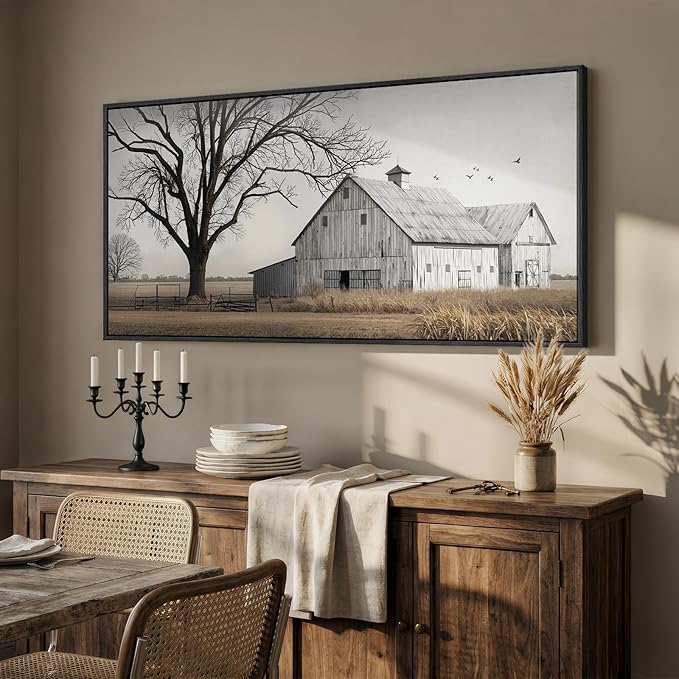 Large Framed Farmhous Wall Art for Living Room, Vintage Rustic Landscape Horizontal Canvas Print, Neutral Country Barn Wall Decor for Bedroom Dining Room Hallway 30x60 Inch