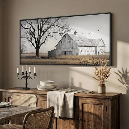 Large Framed Farmhous Wall Art for Living Room, Vintage Rustic Landscape Horizontal Canvas Print, Neutral Country Barn Wall Decor for Bedroom Dining Room Hallway 30x60 Inch