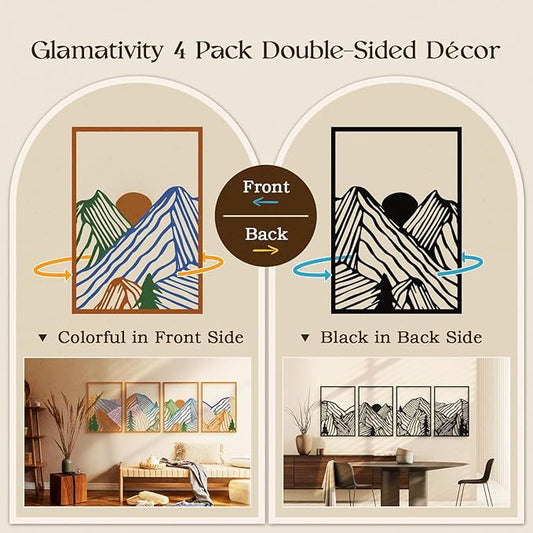 Glamativity 4 Pcs Colorful And Black Double-Sided Abstract Mountain Metal Wall Art, Mountain Line Art Decor, 3D Textured Minimalist Wall Decor, Rustic Nature Wall Decor for Living Room, Bedroom, Study