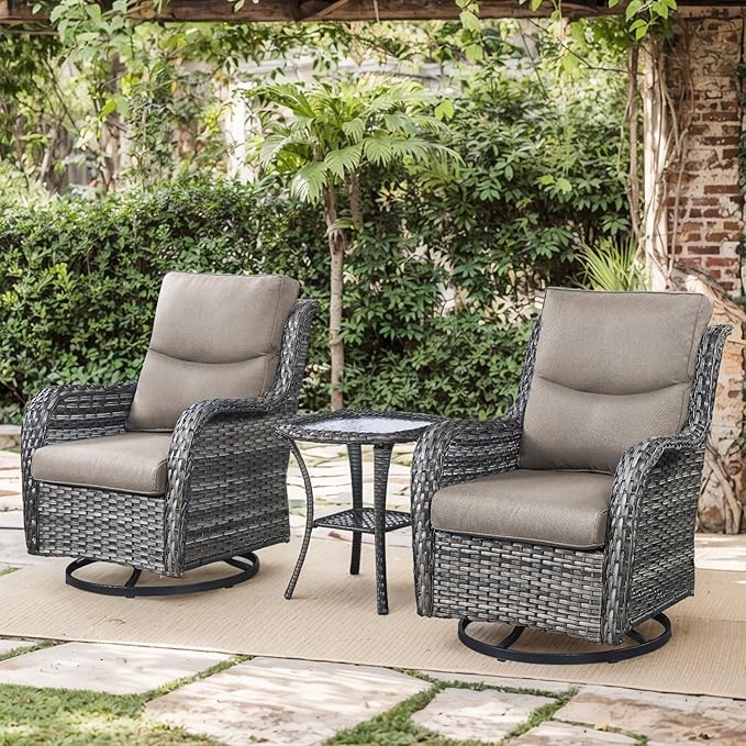 Patio Swivel Chairs with Smile-Shaped Cushions, 3 Piece High Back Patio Swivel Glider Chairs with Side Table 3PCS PE Rattan Luxury Swivel Patio Chair Set | Grey Wicker - Grey Cushions