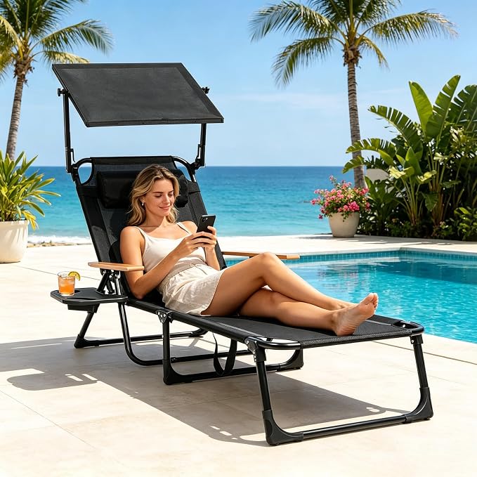 Foldable Chaise Lounge Chair Outdoor, 4-Position Reclining Outdoor Lounge Chairs with Wooden Armrest, Folding Sun Lounger with Removable Pillow for Garden Beach Patio Camp (Black with Canopy)