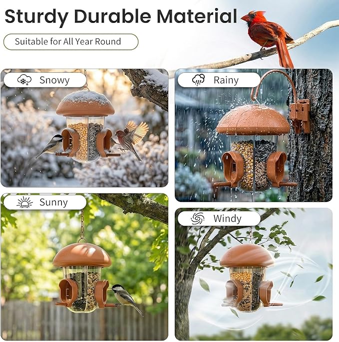 LONA Bird Feeders for Outdoors Hanging – 3 Separate Compartments, 3 Feeding Ports, Weatherproof Dome & 3 Ways to Hang, Large Capacity for Cardinals/Finches (Brown
