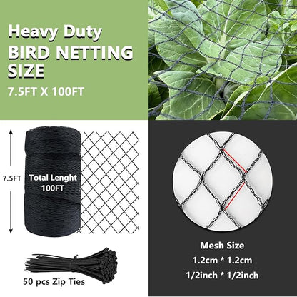 Bird Netting for Garden 7.5 x 100 FT Heavy Duty Black Garden Netting for Fruit Trees, Chicken Coop, Pond, Blueberry Bushes, Poultry & Deer Netting, HDPE Plant Protection Net Fence with Ties