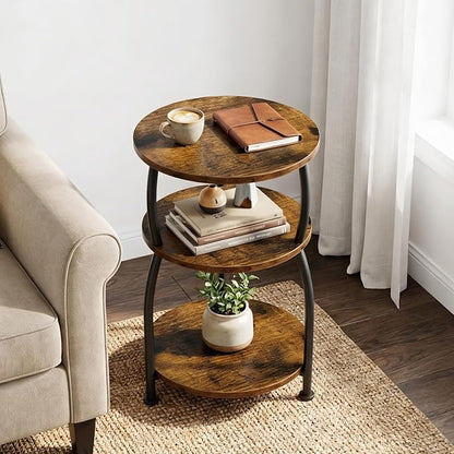 Round Side Table, 3-Tier End Table with Storage Shelf, 15.7" Wide Nightstand for Small Spaces, Tall Sofa Table Capable of Holding Laptops & Lamps, Bedside Table for Bedroom & Living Room, Rustic Brown