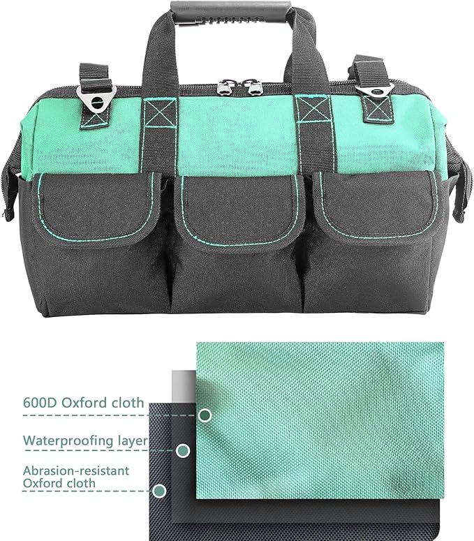 Women Garden Tools Bag 16inch Wide Mouth Tool Bag with Molded Base and Plastic-Padded, Inside Pockets for Tool Storage and Organization,600D polyester fabric (Teal color)