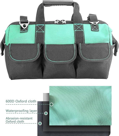 Women Garden Tools Bag 16inch Wide Mouth Tool Bag with Molded Base and Plastic-Padded, Inside Pockets for Tool Storage and Organization,600D polyester fabric (Teal color)