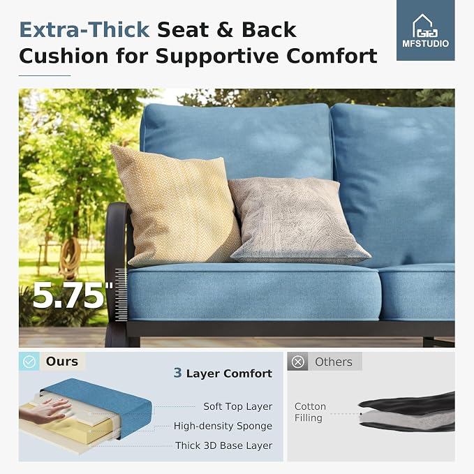 MFSTUDIO 6 Pieces Metal Patio Furniture Sets, 2 Swivel Chair, 1 Deep Seating 3-Seat Sofa, 2 Ottoman & 1 Marbling Coffee Table, All Weather 7 Seats Outdoor Conversation Set for Garden Backyard, Navy