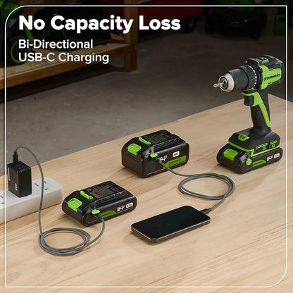 GREENWORKS 24V 1/2” Brushless Cordless Drill (400 In-lbs.) + 6.5” Circular Saw (4,800 RPM), (2) 2.0Ah (12,000mAh Power Bank) USB-C Batteries, Braided Cable, 65W Rapid Charger