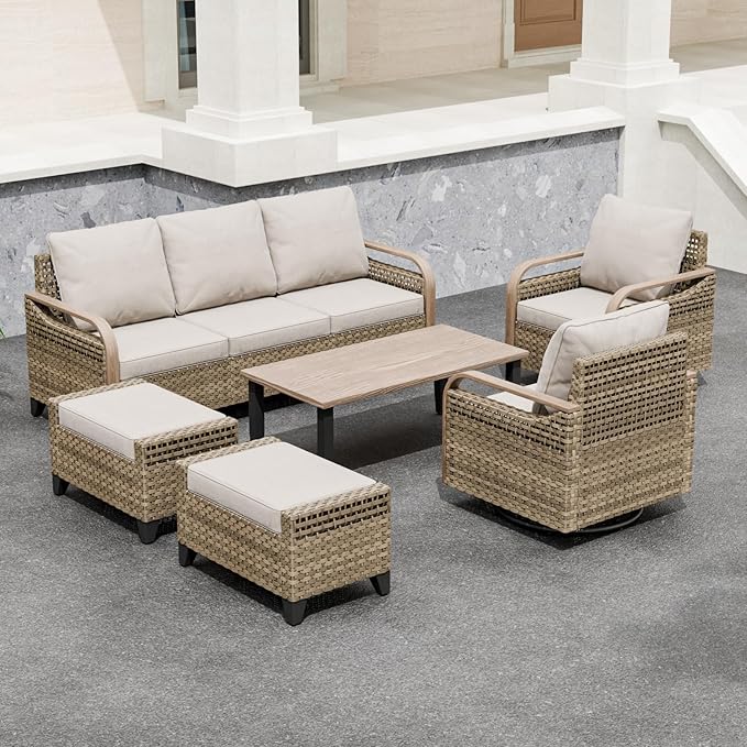 Modern Wicker Patio Furniture Set, Rattan Outdoor Conversation Set with Comfortable Cushions, 2 Swivel Rocking Chairs, 3 Seat Couch, 2 Ottomans and Coffee Table, 6 Pieces, Brown/Gray