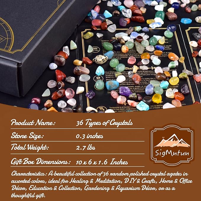 36 Varieties Healing Crystal Chips & Stones Set – 2.5 lbs, 0.3" Natural Polished & Tumbled Gemstones Collection and Small Decorative Rocks for Chakra, Meditation, Reiki, Witchcraft, Crafts