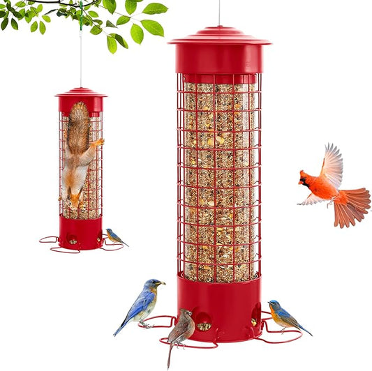 Squirrel Proof Bird Feeders, Metal Wild Bird Feeder for Outdoors Hanging, Weight Activated Squirrel Buster for Chickadees, Goldfinches, Cardinals, Chew-Proof, 4.4LB Large Capacity, Red
