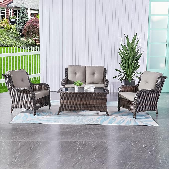 HUMMUH 4 Piece Patio Conversation Furniture Set PE Wicker Rattan Outdoor Loveseat Sofa,Patio Chairs,Coffee Table for Garden,Poolside,Backyard,Deck