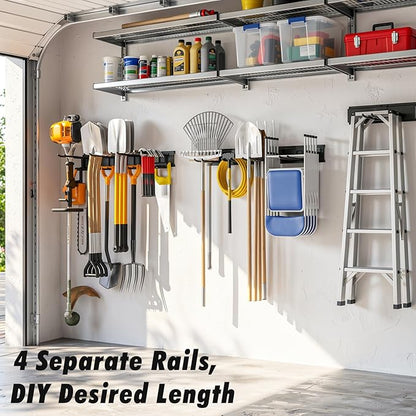 Housolution Heavy Duty Garage Wall Organizer 64 Inch - 18Pack Carries 570 lbs, Garage Tool Organizer Storage System, 4 Rails with 12 Adjustable Hooks, Garden Tool Organizer for Warehouse, Workshop